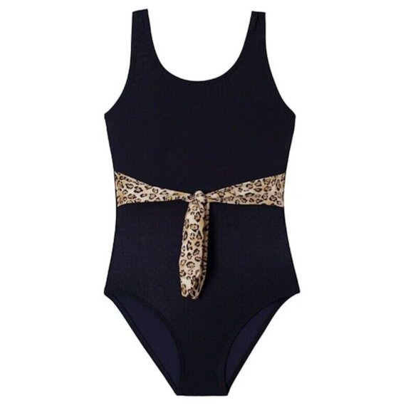 NWT Pilyq PQ Girls 12 Leo Belted Bow 1PC Black Animal Print Swimsuit 118568